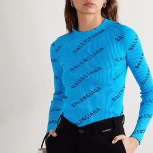 Balenciaga Blue Logo Print Rib Knit Full Sleeve Top